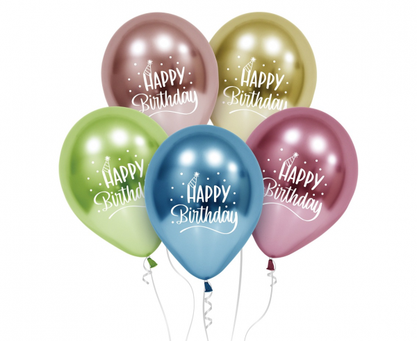 Balony Beauty&Charm Happy Birthday (platynowe), 12"/ 5 szt., zestaw - Godan S.A. zdjęcie 1
