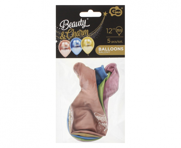 Balony Beauty&Charm Happy Birthday (platynowe), 12"/ 5 szt., zestaw - Godan S.A. zdjęcie 2