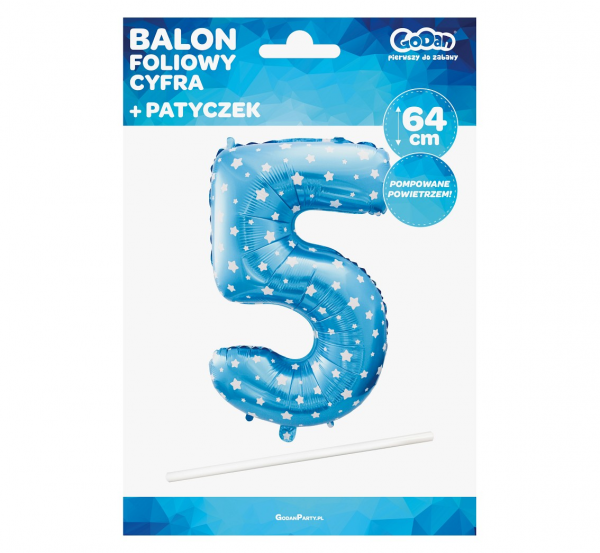 Balon foliowy "Cyfra 5", niebieska w gwiazdy, 61 cm - Godan zdjęcie 2