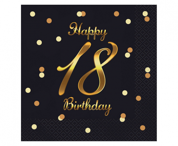 Serwetki B&C Happy 18 Birthday, czarne, nadruk złoty, certyfikat FSC, 33x33 cm/ 20 szt. - Godan S.A. zdjęcie 2
