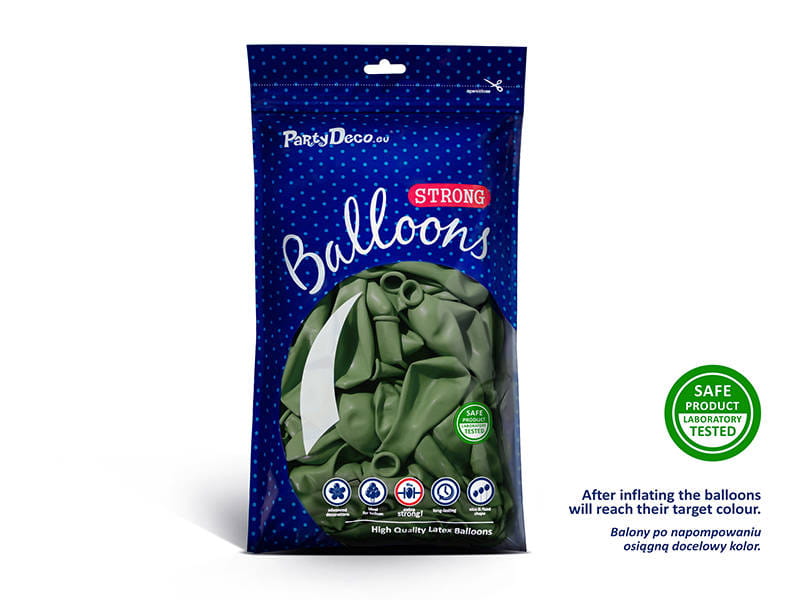 Balony Strong, 12" Pastel Rosemary Green, oliwkowe, zielone, 30cm, 100 szt., zestaw PartyDeco - PartyDeco zdjęcie 2