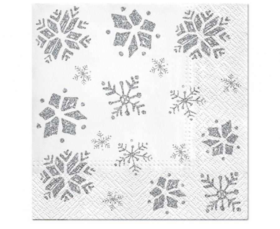 Serwetki papierowe Glitter Snowflakes, silver 33x33 cm / 20 szt., płatki śniegu - Paw Decor Collection zdjęcie 1