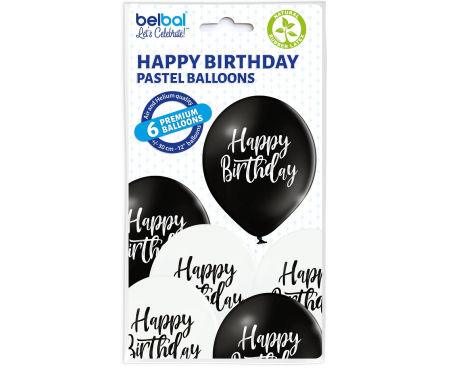 Balony na urodziny 12" Happy Birthday, białe i czarne, 30 cm, 6 szt., zestaw - Belbal zdjęcie 2