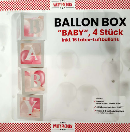 Pudełka box, napis BABY, balony różowe, białe, 30x30x30, 4 pudełka + 16 balonów zdjęcie 2