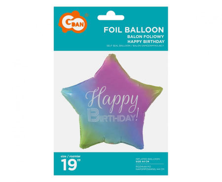 Balon foliowy Happy Birthday, gwiazda gradient, nadruk biały, 19", ombre - Godan zdjęcie 2