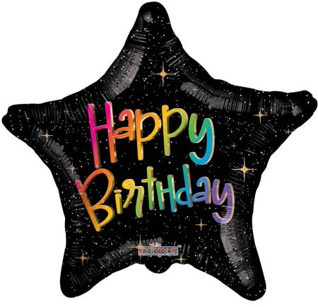Balon foliowy czarna gwiazda z kolorowym napisem - na urodziny, 18" Happy Birthday, 46cm - Kaleidoscope zdjęcie 1