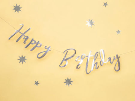 Girlanda, Baner Happy Birthday, srebrny, 16,5x62cm, urodziny - PartyDeco zdjęcie 3
