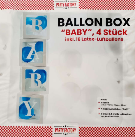 Pudełka box, napis BABY, balony niebieskie, białe, 30x30x30, 4 pudełka + 16 balonów zdjęcie 2