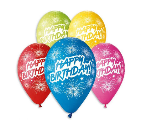 Balony Premium "Happy Birthday (fajerwerki)", 12"/ 5 szt. - Godan zdjęcie 1