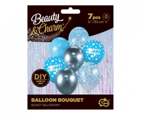 Bukiet balonowy B&C srebrno-niebieski Happy Birthday, 7 szt. - Godan S.A. zdjęcie 3