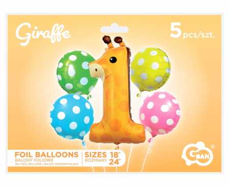 Balony foliowe - zestaw Żyrafa cyfra 1, 5 szt., zwierzęta - Godan S.A. zdjęcie 2