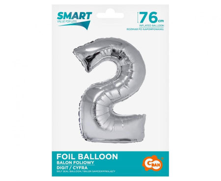 Balon foliowy Smart, Cyfra 2, srebrna, 76 cm - Godan S.A. zdjęcie 2