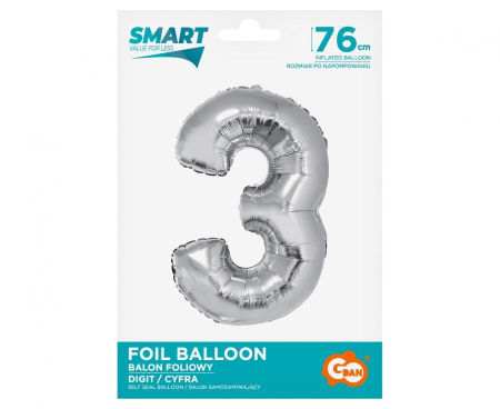 Balon foliowy Smart, Cyfra 3, srebrna, 76 cm - Godan S.A. zdjęcie 2