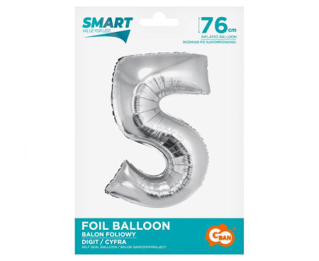 Balon foliowy Smart, Cyfra 5, srebrna, 76 cm - Godan S.A. zdjęcie 2