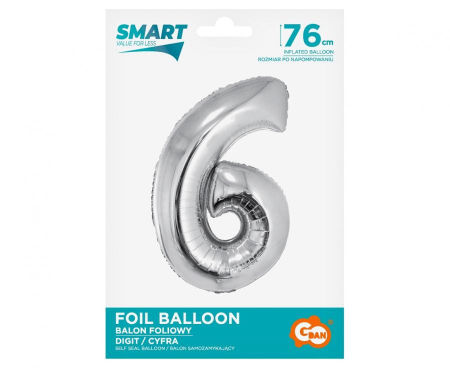 Balon foliowy Smart, Cyfra 6, srebrna, 76 cm - Godan S.A. zdjęcie 2