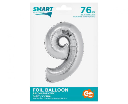 Balon foliowy Smart, Cyfra 9, srebrna, 76 cm - Godan S.A. zdjęcie 2