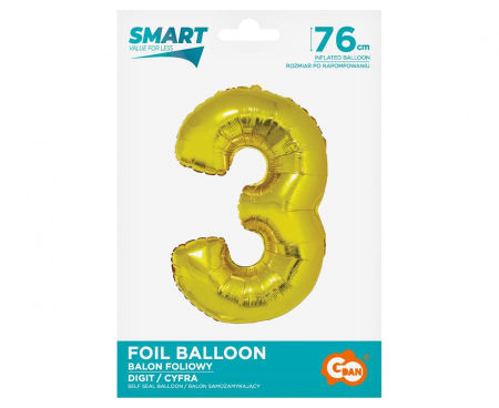 Balon foliowy Smart, Cyfra 3, złota, 76 cm - Godan S.A. zdjęcie 2