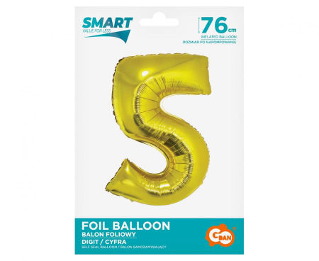 Balon foliowy Smart, Cyfra 5, złota, 76 cm - Godan S.A. zdjęcie 2