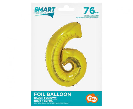 Balon foliowy Smart, Cyfra 6, złota, 76 cm - Godan S.A. zdjęcie 2