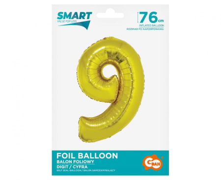 Balon foliowy Smart, Cyfra 9, złota, 76 cm - Godan S.A. zdjęcie 2