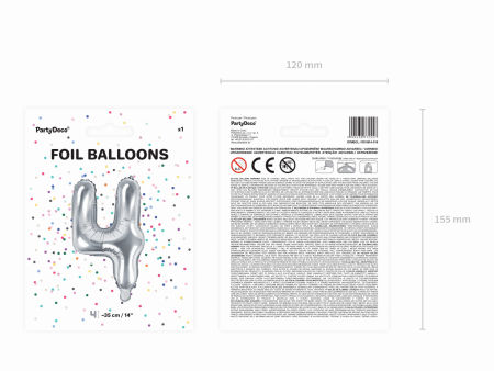 Balon foliowy Cyfra ''4'', 35cm, srebrny - PartyDeco zdjęcie 3