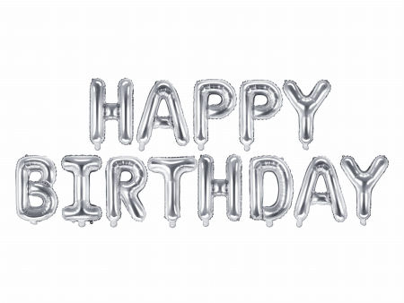 Balon foliowy, napis Happy Birthday, 340x35cm, srebrny - PartyDeco zdjęcie 1