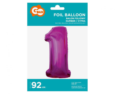 Balon foliowy Cyfra 1, różowa, 92 cm - Godan S.A. zdjęcie 2