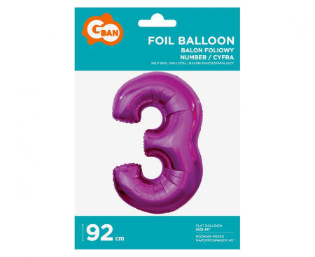 Balon foliowy Cyfra 3, różowa, 92 cm - Godan S.A. zdjęcie 2