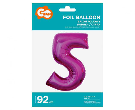 Balon foliowy Cyfra 5, różowa, 92 cm - Godan S.A. zdjęcie 2