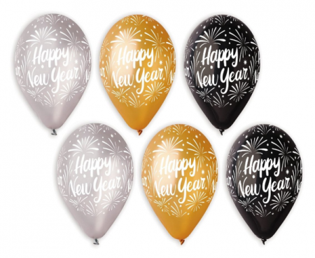 Balony Premium "Happy New Year", złote, srebrne, czarne, 12"/ 25 szt., zestaw - Gemar zdjęcie 1