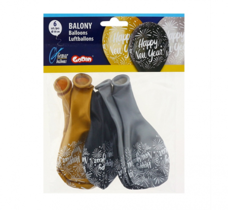 Balony Premium "Happy New Year", złote, srebrne, czarne, 12" / 6 szt., zestaw - Gemar zdjęcie 2