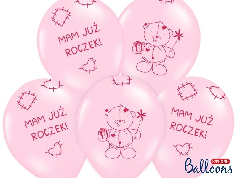 Balony Miś - Mam już Roczek! Pastelowy Różowy, 30cm, 6 szt - PartyDeco zdjęcie 1