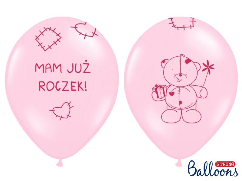 Balony Miś - Mam już Roczek! Pastelowy Różowy, 30cm, 6 szt - PartyDeco zdjęcie 2