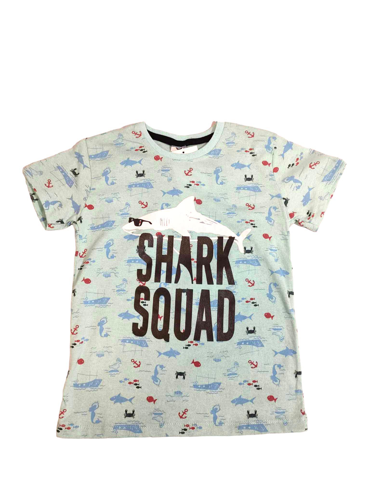 T-shirt chłopięcy na krótki rekaw w kolorze morskim z nadrukiem morkim i napisem z przodu SHARK SQUAD