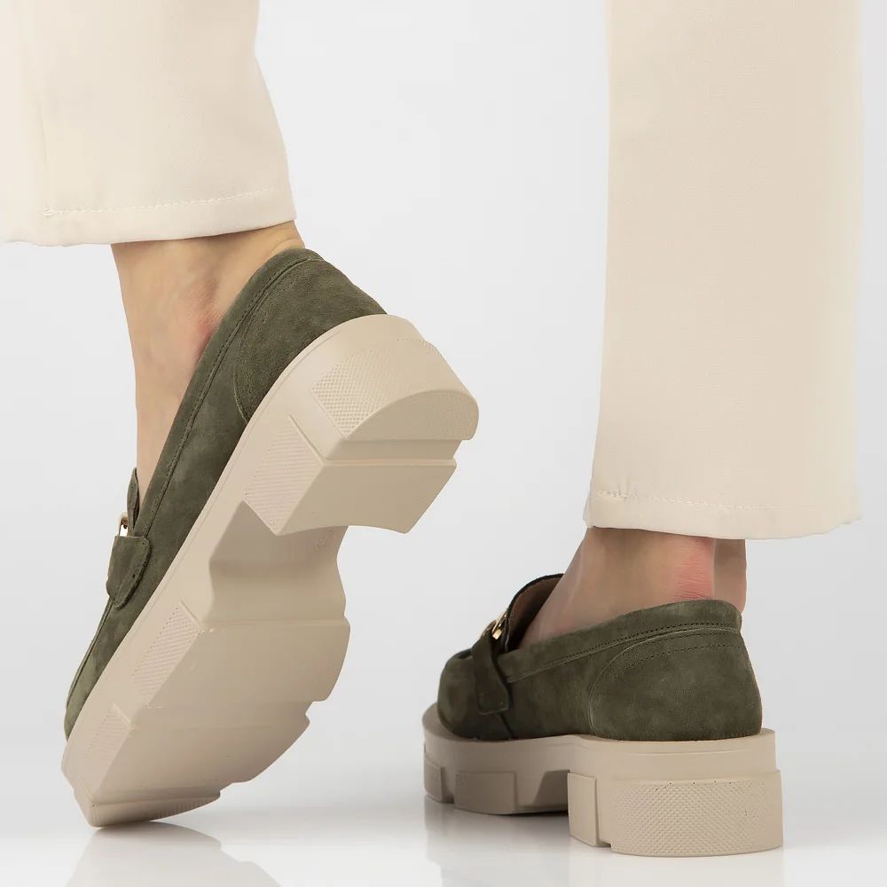 Skórzane półbuty na platformie mokasyny Filippo DP6100 Khaki - Filippo zdjęcie 3