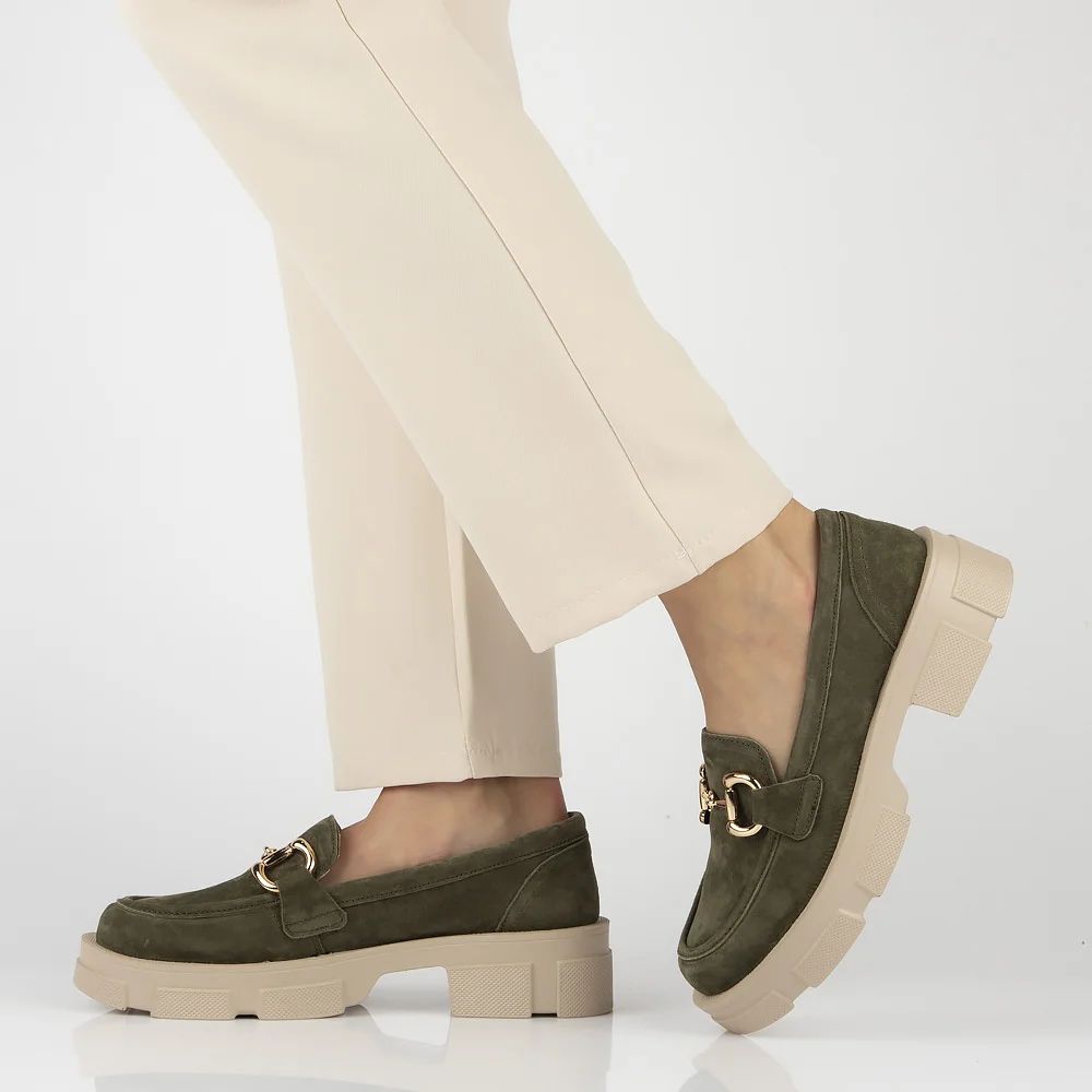 Skórzane półbuty na platformie mokasyny Filippo DP6100 Khaki - Filippo zdjęcie 2