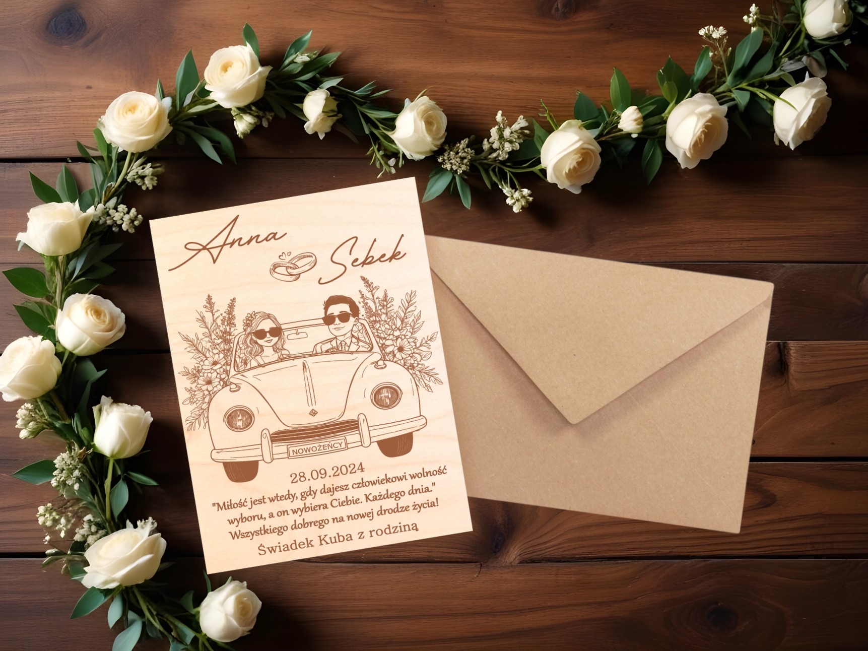 DREWNIANA PAMIĄTKA ŚLUBNA KARTKA DLA PARY MŁODEJ PREZENT PERSONALIZOWANY zdjęcie 1