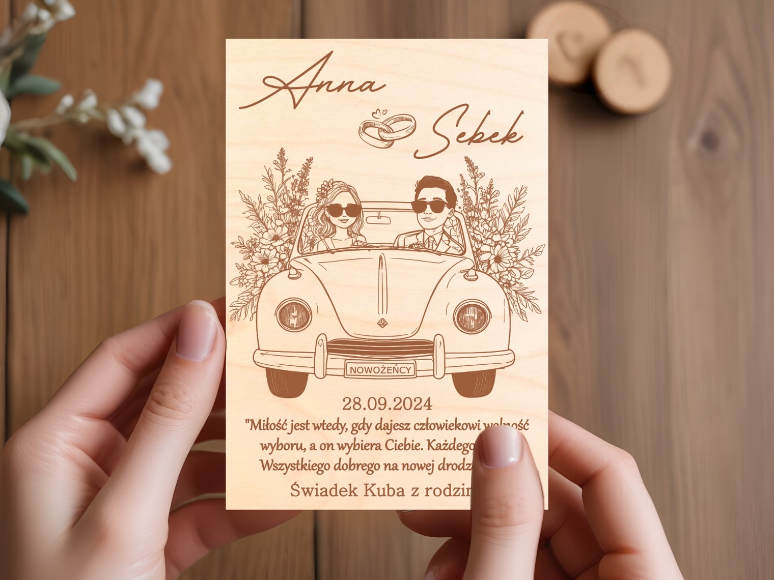DREWNIANA PAMIĄTKA ŚLUBNA KARTKA DLA PARY MŁODEJ PREZENT PERSONALIZOWANY zdjęcie 2