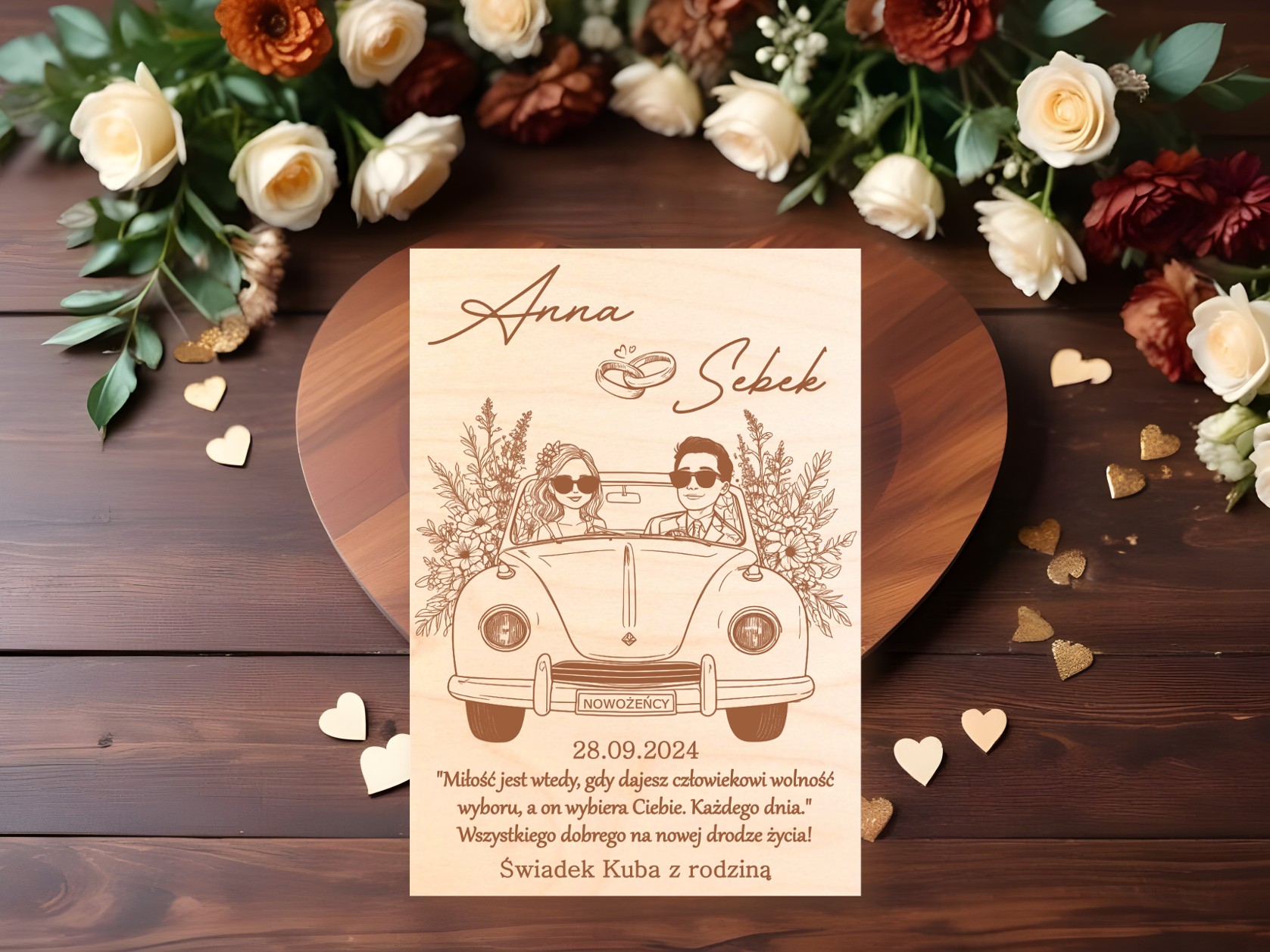 DREWNIANA PAMIĄTKA ŚLUBNA KARTKA DLA PARY MŁODEJ PREZENT PERSONALIZOWANY zdjęcie 3