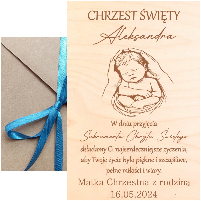 DREWNIANA KARTKA PAMIĄTKA CHRZTU PREZENT NA CHRZEST zdjęcie 2
