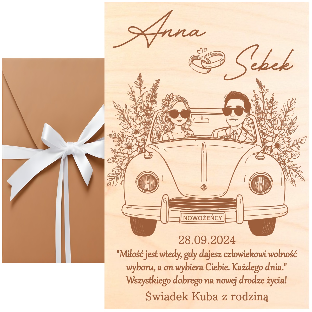 DREWNIANA PAMIĄTKA ŚLUBNA KARTKA DLA PARY MŁODEJ PREZENT PERSONALIZOWANY zdjęcie 4