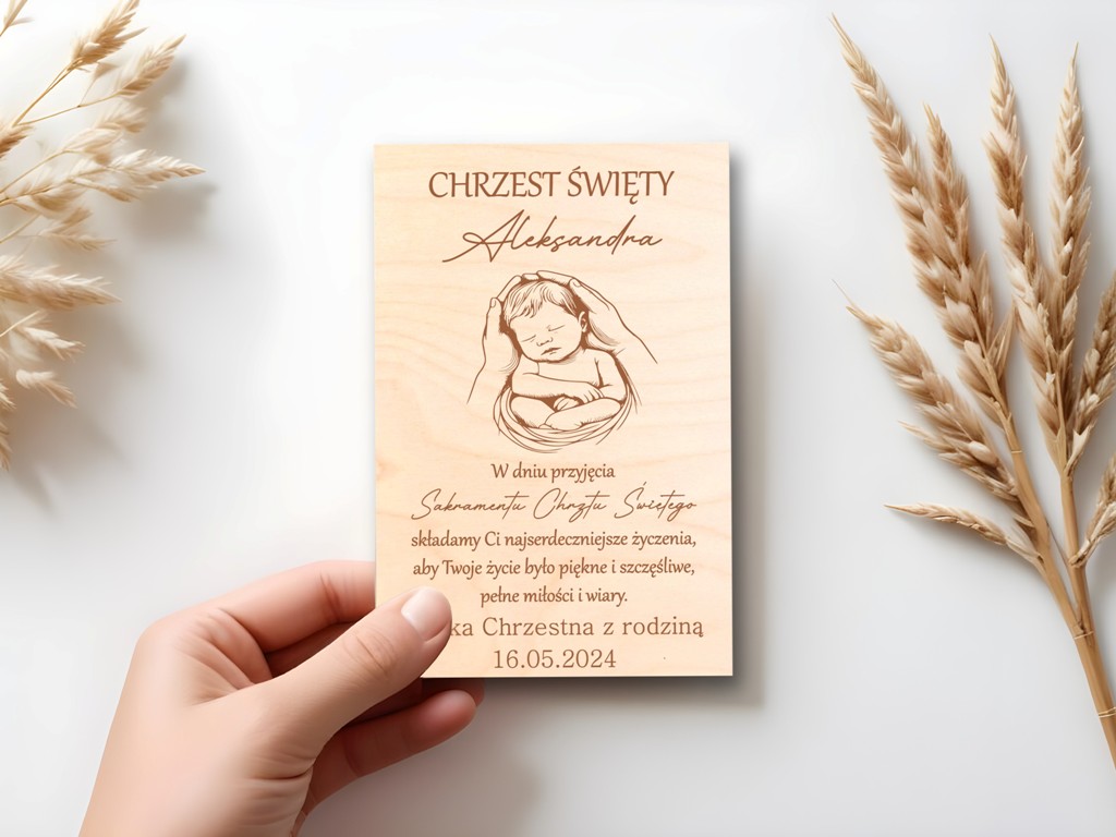 DREWNIANA KARTKA PAMIĄTKA CHRZTU PREZENT NA CHRZEST zdjęcie 3