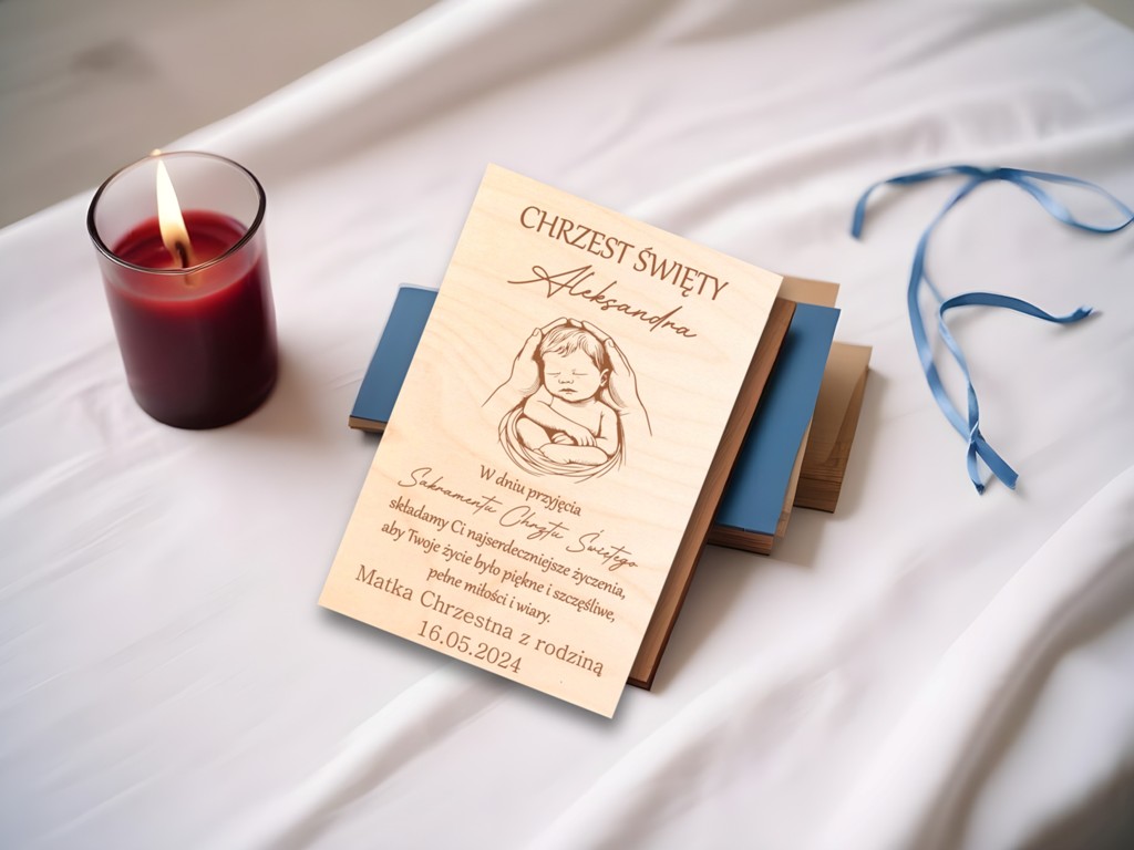 DREWNIANA KARTKA PAMIĄTKA CHRZTU PREZENT NA CHRZEST zdjęcie 4
