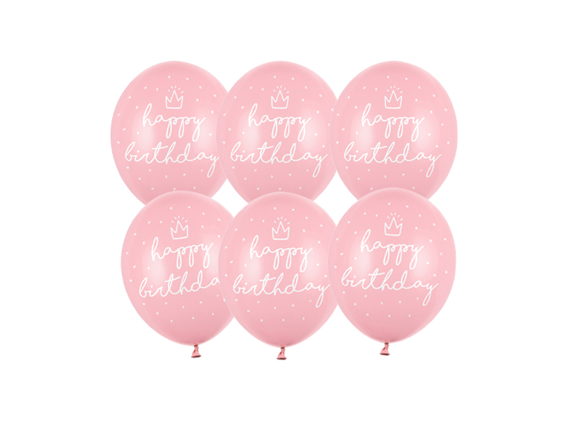 Balony 30cm, happy birthday, P. Baby Pink, 6 szt. zdjęcie 1