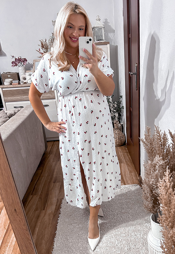 XENIA SUKIENKA MUŚLINOWA PLUS SIZE MAXI W WISIENKI. BIAŁA 02 - włoski zdjęcie 3