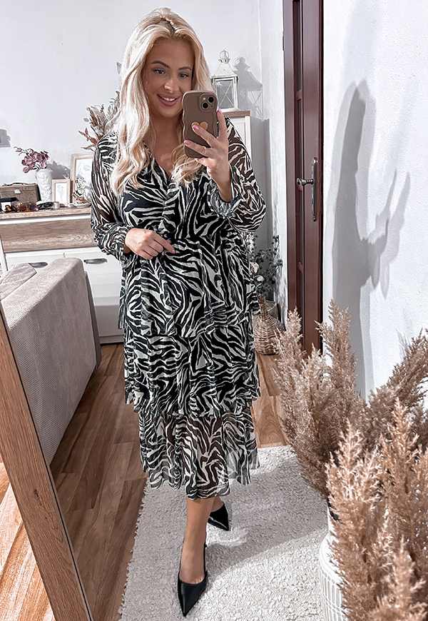 SHERRI SUKIENKA PLUS SIZE Z FALBANAMI WE WZORY. BIAŁO/CZARNA ZEBRA 04 - włoski zdjęcie 1