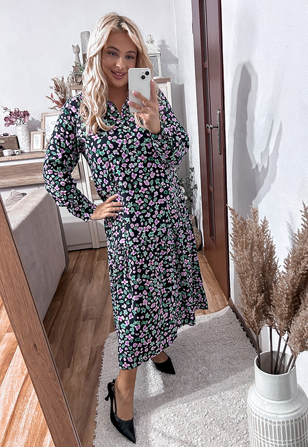 ŠATY NINA MIDI PLUS SIZE FLOWERS BLACK/VIOLET 03 - włoski obrázek 1