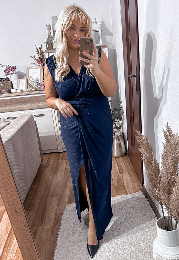ROSA SHINE SUKIENKA OŁÓWKOWA BŁYSZCZĄCA PLUS SIZE MAXI DRAPOWANA. GRANATOWA 02 - produkt polski zdjęcie 4