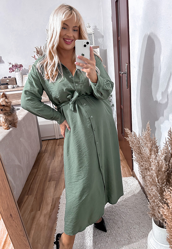 JASMINA DŁUGI RĘKAW SUKIENKA PLUS SIZE NA GUZIKI. KHAKI 01 zdjęcie 3