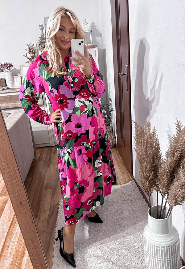 ŠATY NINA MIDI PLUS SIZE FLOWERS BLACK/FUCHSIA 04 - włoski obrázek 1